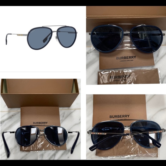 BURBERRY UNISEX GUNMETAL DARK BLUE PILOT AVIATOR LOGO SUNGLASSES - Picture 4 of 14